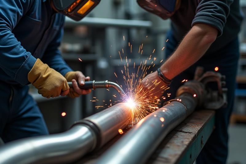 عامل لحام يصنع نظام عادم مخصص لسيارة رياضية.