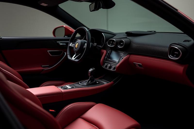 تصميم داخلي فاخر لسيارة مع تنجيد مخصص وتطعيمات من ألياف الكربون.